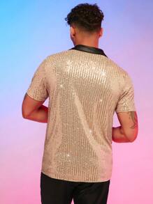 Manfinity RebelGame Men Contrast Collar Sequin Polo Shirt - Champagne - View 3