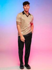 Manfinity RebelGame Men Contrast Collar Sequin Polo Shirt - Champagne - View 4