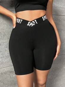 SHEIN SXY 字母圖案階梯式腰騎行褲 - 黑色 - 查看 3