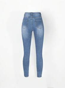 SHEIN Teen Girl Ripped Frayed Cat Whisker Jeans - Medium Wash - View 2