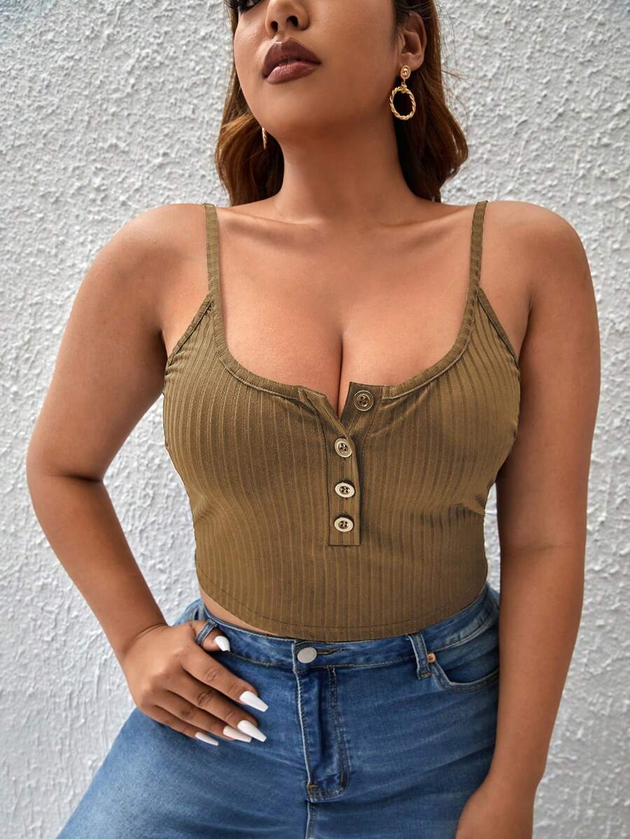 SHEIN Essnce 大碼半排扣吊帶上衣 - 卡其色 - 查看 1