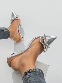 Phụ nữ trang trí bằng kim loại Rhinestone Point Toe Kim tự tháp Máy bơm slingback gót, Máy bơm ngoài trời quyến rũ - Bạc - Xem 2