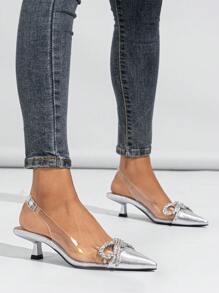 Phụ nữ trang trí bằng kim loại Rhinestone Point Toe Kim tự tháp Máy bơm slingback gót, Máy bơm ngoài trời quyến rũ - Bạc - Xem 3