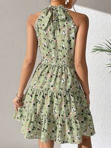 SHEIN VCAY Allover Print Ruffle Hem Halter Dress - Green - View 2