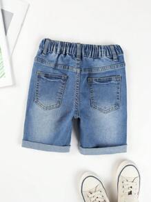 SHEIN Quần short denim co giãn, ống rộng, cá tính, thích hợp cho bé trai, mùa hè, hoạt động ngoài trời, thể thao. - Rửa trung bình - Xem 2