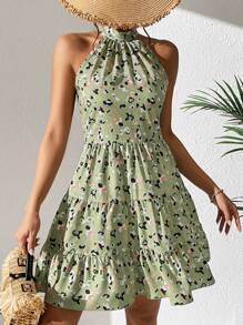SHEIN VCAY Allover Print Ruffle Hem Halter Dress - Green - View 4