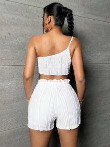 SHEIN SXY Bộ đồ hai mảnh nữ viền lá sen Quần paper-bag màu trơn Giải trí - trắng - Xem 2