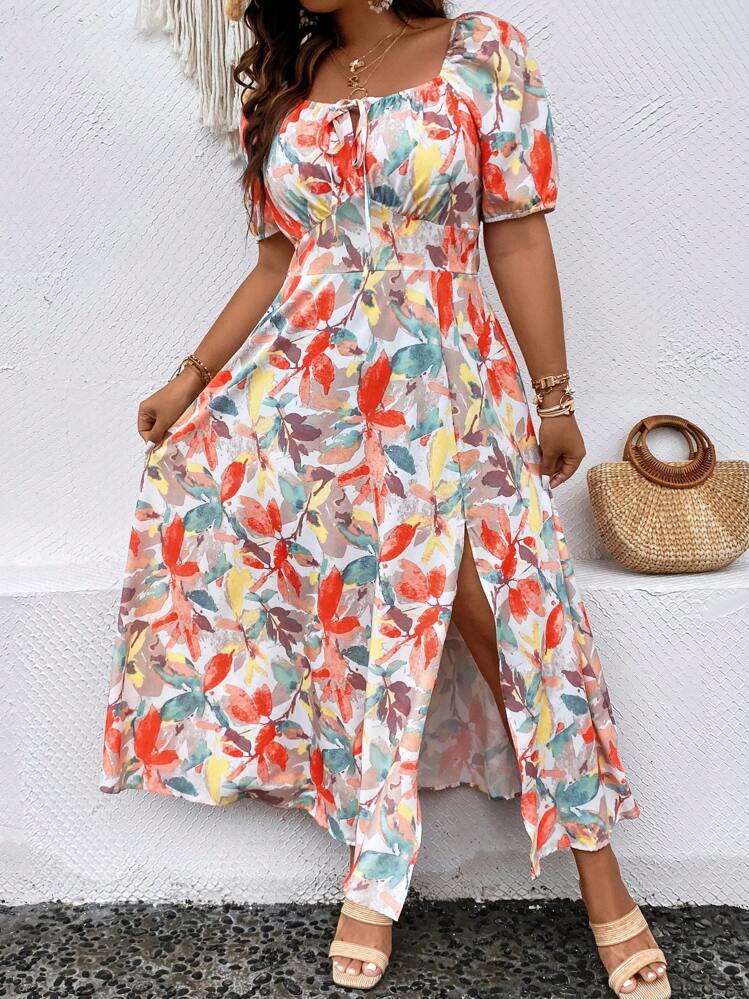 SHEIN Holidaya Vestido con estampado floral con nudo delantero de muslo con abertura - Multicolor - Ver 7