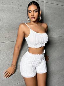 SHEIN SXY Bộ đồ hai mảnh nữ viền lá sen Quần paper-bag màu trơn Giải trí - trắng - Xem 6