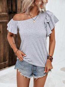 SHEIN LUNE Camiseta de cuello asimétrico de manga mariposa - Gris Claro - Ver 6
