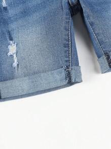 SHEIN Quần short denim co giãn, ống rộng, cá tính, thích hợp cho bé trai, mùa hè, hoạt động ngoài trời, thể thao. - Rửa trung bình - Xem 6