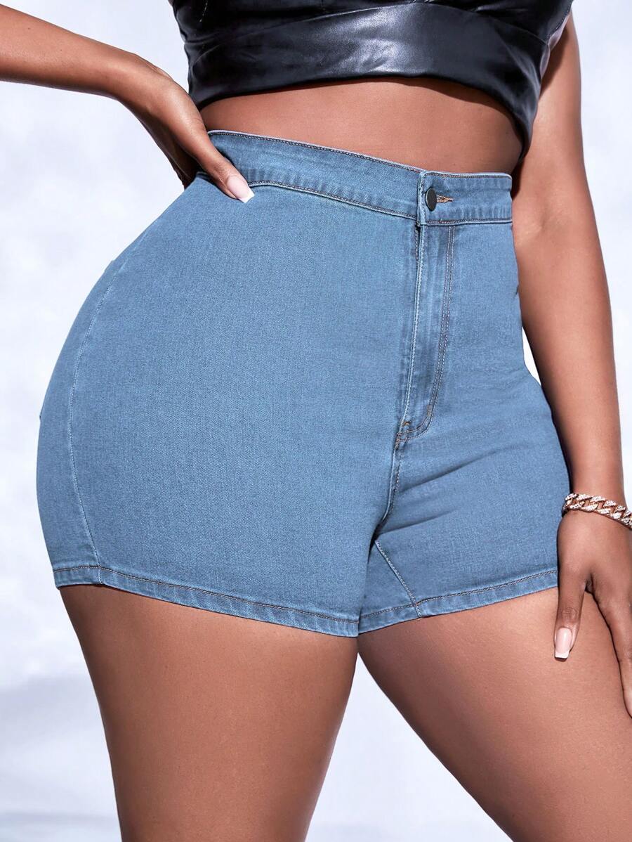 SHEIN SXY Plus High Waist Skinny Denim Shorts - Light Wash - View 1