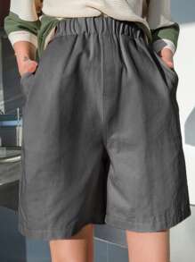 DAZY 字母贴花斜口袋短裤 秋季 - 深灰色 - 查看 3