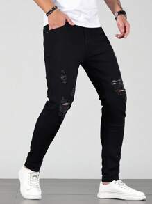 Manfinity LEGND 男士棉破洞抽鬚緊身牛仔褲 - 黑色 - 查看 3