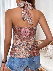SHEIN VCAY Paisley Print Halter Top - Red - View 2