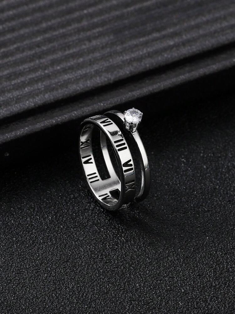 1pc Stainless Steel Men's Ring With Roman Letters And Cubic Zirconia, Suitable For Any Occasion