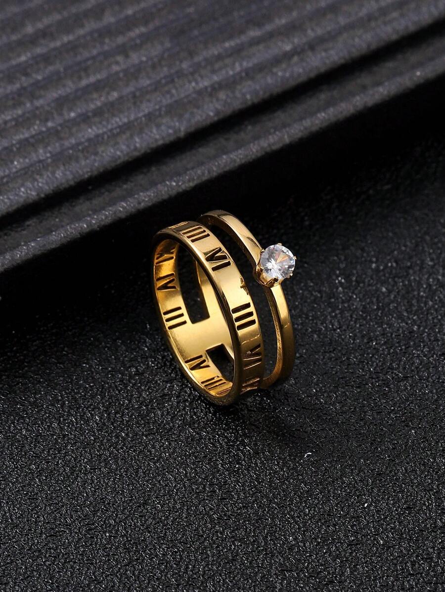 1 pieza Anillo de acero inoxidable para hombre con números romanos y circonita cúbica, adecuado para cualquier ocasión - Dorado - Ver 1