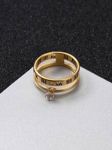 1 pieza Anillo de acero inoxidable para hombre con números romanos y circonita cúbica, adecuado para cualquier ocasión - Dorado - Ver 3
