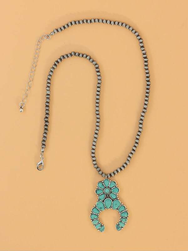 1pc Turquoise Beaded Horn Pendant Necklace Western Style Natural Stone