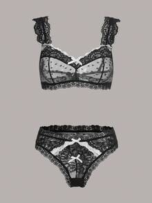 ROMWE Goth Set de lencería con encaje en contraste con diseño de lazo transparente - Negro - Ver 5