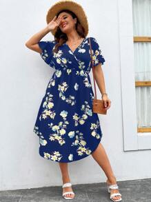 SHEIN LUNE 大碼印花蝴蝶袖弧形下擺連衣裙 - 藏蓝色 - 查看 1