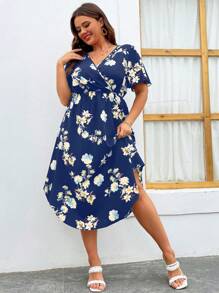 SHEIN LUNE 大碼印花蝴蝶袖弧形下擺連衣裙 - 藏蓝色 - 查看 3