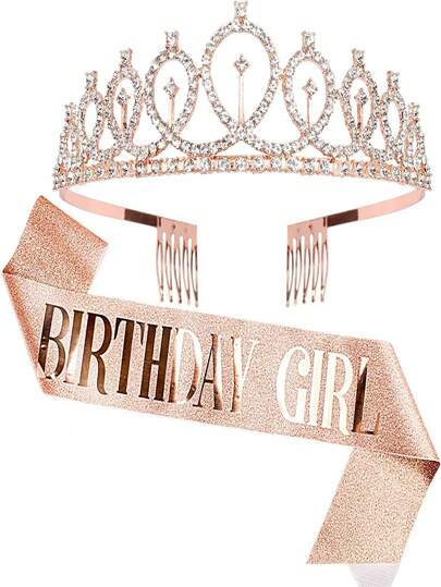 Bling Rhinestone Crystal Crown Tiara Birthday Anniversary Decoration Happy 18 21 30 40 50th Birthday Satin Sash Party Supplies