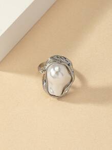 1pc Asymmetrical Pearl Adjustable Ring, Exaggerated European And American Style, Suitable For Women's Daily Wear