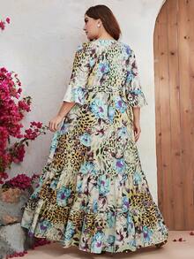 YISIKADO 大碼印花荷葉邊繫腰帶連衣裙 - 彩色 - 查看 2