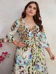 YISIKADO 大碼印花荷葉邊繫腰帶連衣裙 - 彩色 - 查看 3