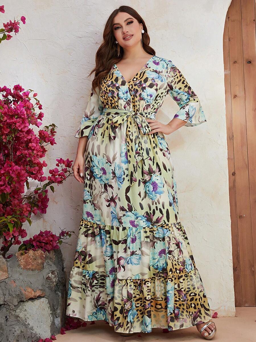 YISIKADO 大碼印花荷葉邊繫腰帶連衣裙 - 彩色 - 查看 1