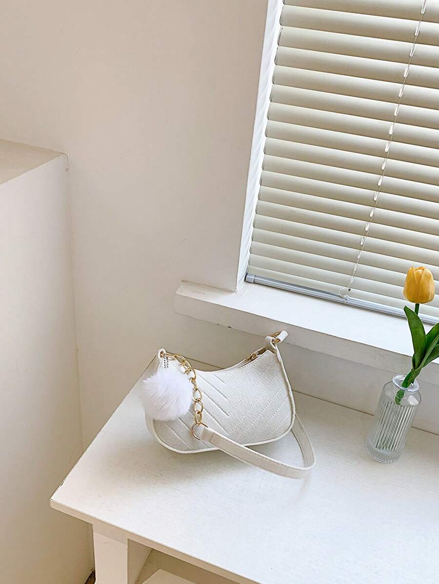 Lightweight,Business Casual Small Hobo Bag Chevron Stitch Pom Pom Decor For Teen Girls Women College Students,Rookies & White-collar Workers Perfect for Office,College,Work ,Business,Commute,Outdoors, Travel, Outings - White - View 1