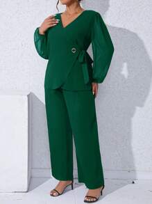 SHEIN Clasi Plus Lantern Sleeve Knot Side Wrap Top & Wide Leg Trousers - Dark Green - View 4