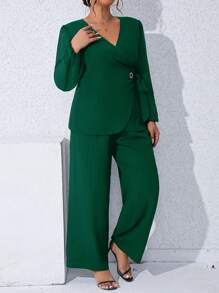 SHEIN Clasi Plus Lantern Sleeve Knot Side Wrap Top & Wide Leg Trousers - Dark Green - View 5