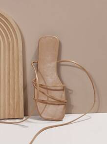 Women Tie Leg Design Strappy Sandals, Fashion Summer Flat Sandals - Apricot - View 6