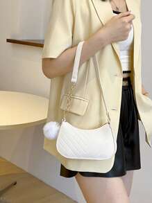 Lightweight,Business Casual Small Hobo Bag Chevron Stitch Pom Pom Decor For Teen Girls Women College Students,Rookies & White-collar Workers Perfect for Office,College,Work ,Business,Commute,Outdoors, Travel, Outings - White - View 3