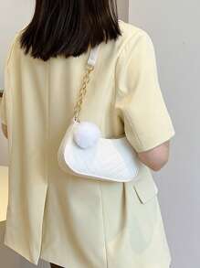 Lightweight,Business Casual Small Hobo Bag Chevron Stitch Pom Pom Decor For Teen Girls Women College Students,Rookies & White-collar Workers Perfect for Office,College,Work ,Business,Commute,Outdoors, Travel, Outings - White - View 4