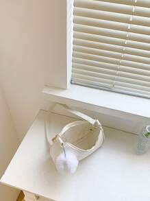 Lightweight,Business Casual Small Hobo Bag Chevron Stitch Pom Pom Decor For Teen Girls Women College Students,Rookies & White-collar Workers Perfect for Office,College,Work ,Business,Commute,Outdoors, Travel, Outings - White - View 5