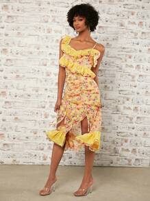 SHEINNeu Đầm Dây kéo Xù Viên lá sen Hoa Tất cả trên in Boho - Nhiều màu - Xem 3