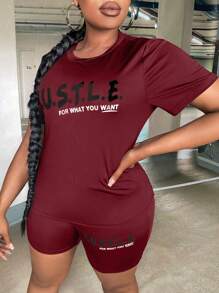 Slaydiva 大碼標語圖案T恤和機車短褲 - 酒紅色 - 查看 5