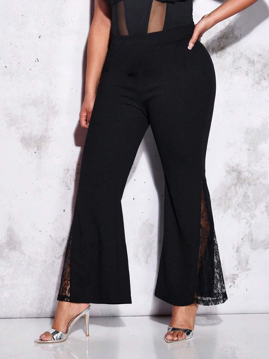 SHEIN BAE Plus Contrast Lace Flare Leg Trousers - Black - View 1