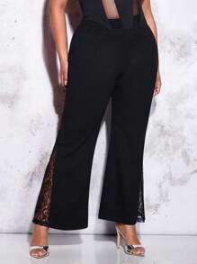SHEIN BAE Plus Contrast Lace Flare Leg Trousers - Black - View 3