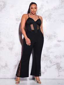 SHEIN BAE Plus Contrast Lace Flare Leg Trousers - Black - View 5