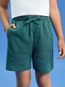 SHEIN Boys 100% Cotton Solid Drawstring Waist Shorts - Dusty Blue - View 3