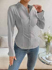 SHEIN Privé Áo sơ mi nữ Buộc lại Nút phía trước Hội Chữ thập Uốn nếp màu trơn Thanh lịch - Xám - Xem 3