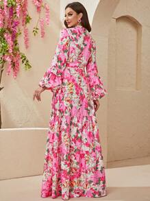 YISIKADO Floral Print Deep V Neck Flounce Sleeve Ruffle Hem Dress - Pink - View 2