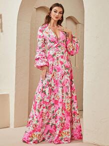 YISIKADO Floral Print Deep V Neck Flounce Sleeve Ruffle Hem Dress - Pink - View 3
