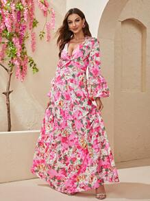 YISIKADO Floral Print Deep V Neck Flounce Sleeve Ruffle Hem Dress - Pink - View 5
