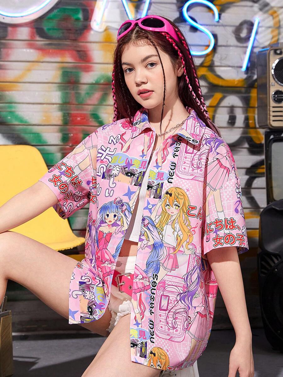 SHEIN 青少年女孩字母人物圖案落肩袖襯衫不附吊帶上衣 - 彩色 - 查看 1
