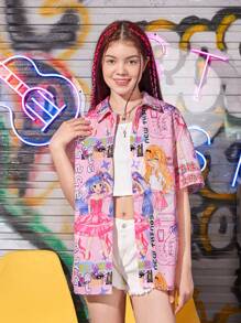 SHEIN 青少年女孩字母人物圖案落肩袖襯衫不附吊帶上衣 - 彩色 - 查看 4